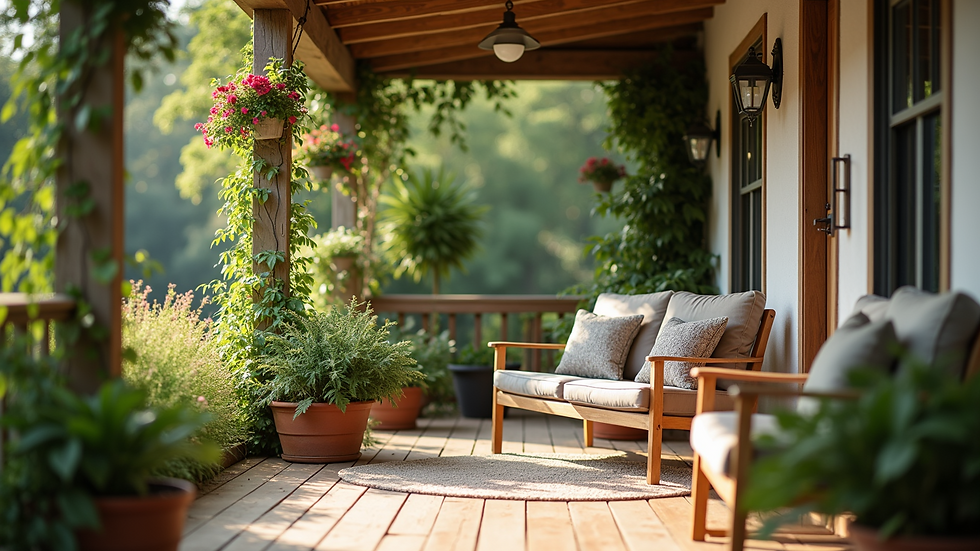 Close-up view of a cozy porch with seating and potted plants