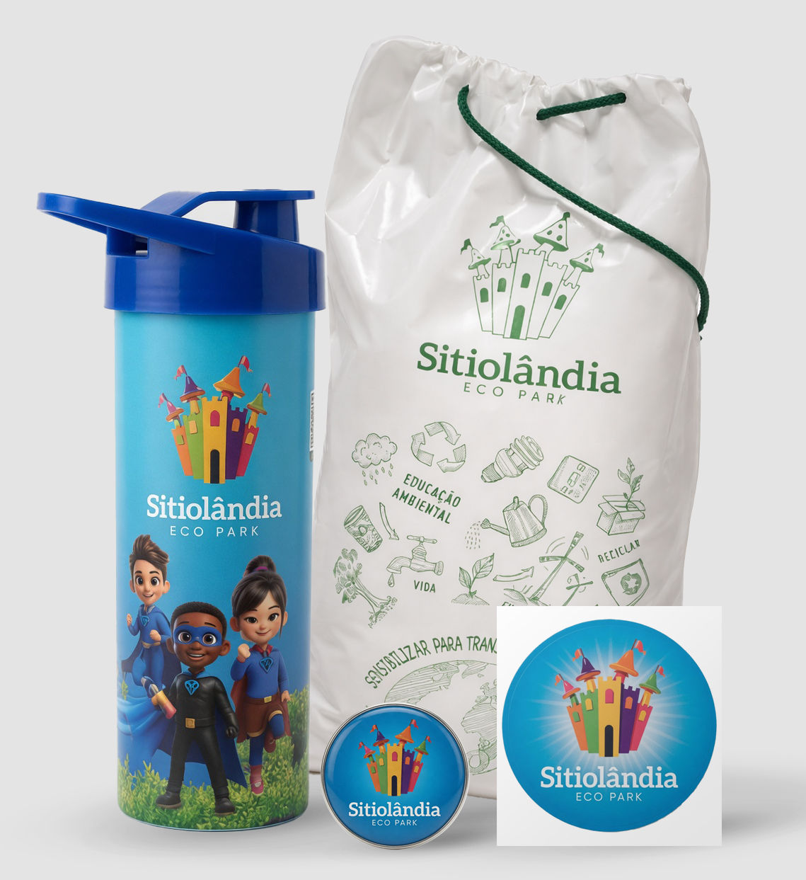 Kit Garrafinha, adesivo, chaveiro e sacola