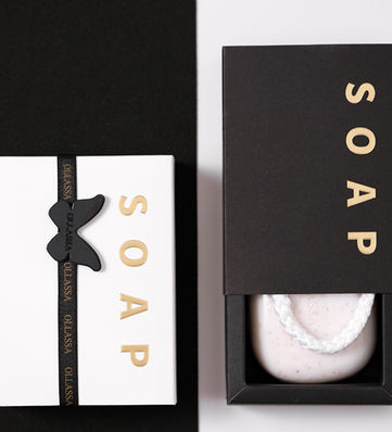 Massage Soap with woven robe, hanging soap, with window gift paper match cardboard box with rubber band butterfly decal emblem