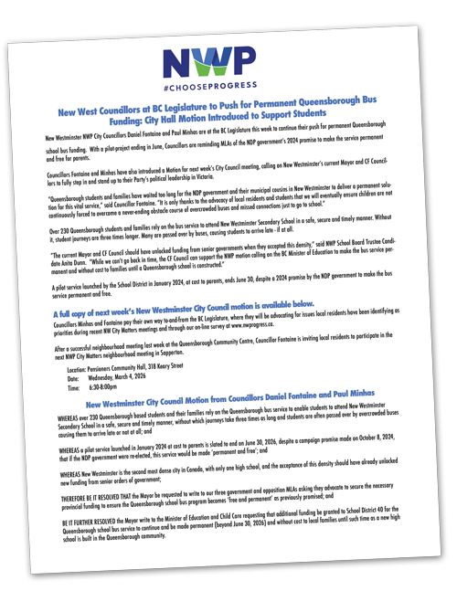 New West Councillors at BC Legislature to Push for Permanent Queensborough Bus Funding: City Hall Motion Introduced to Support Students