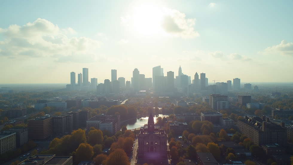 Wide angle view of Peterborough city skyline from a distance