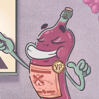 Illustration detail of a wine bottle cartoon character which is smiling and pointing at a badge on its chest that reads 'VP'