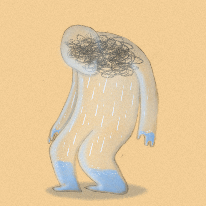 Animated GIF showing a transparent, human-like figure with a dark, raining cloud inside that moves up and down.