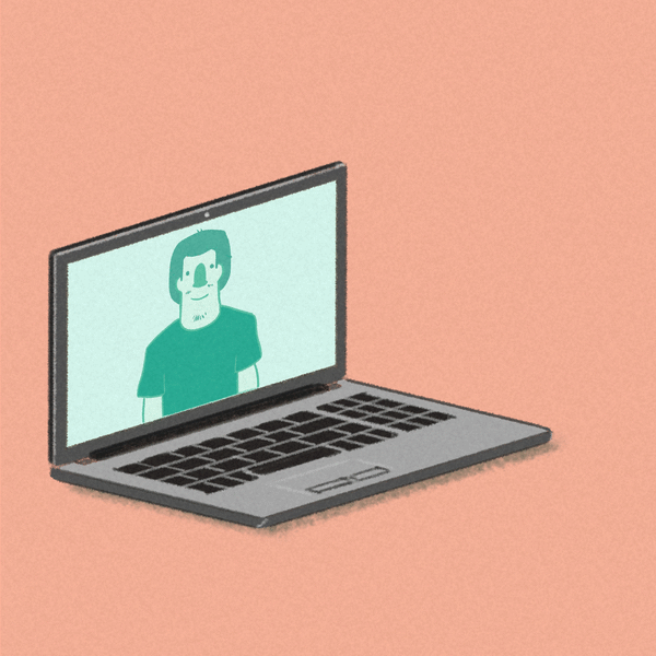 Animated GIF showing an open laptop with a figure inside having a conversation. Suddenly, the figure raises a beer and extends their arm out of the computer screen to clink it with another arm holding a beer on the other side of the screen.