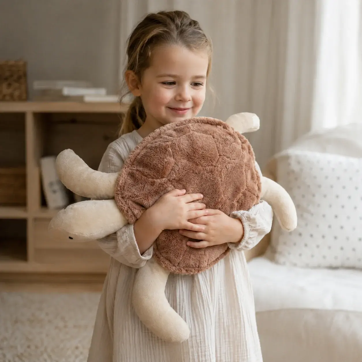 Girl holding a Senger Naturwelt Large Rosewood Turtle plush companion
