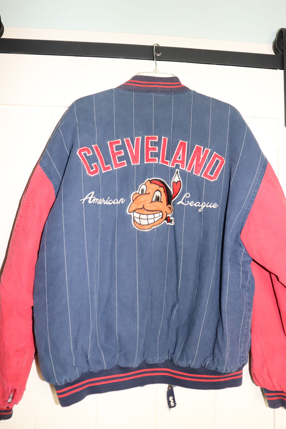 Thumbnail: *Vntg Mirage Cleveland Indians Pinstripe Jacket Chief Wahoo(Broken front zip) XL