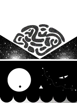 A surreal artwork depicting a confused face with a heated brain and perceived villain horns, blending geometric forms with celestial patterns.