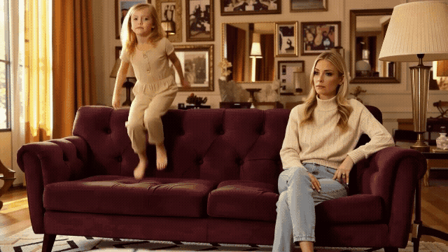 Gen-4_5 Cinematic commercial footage Wide static shot inside a warm, cozy living room Deep