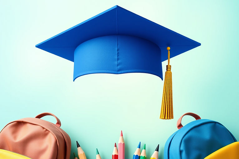 school theme, blue, green, yellow light background, blue graduation cap, backpacks and pen