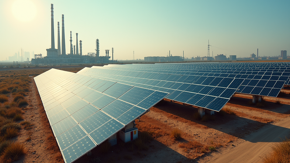 Vista aérea de un campo de energía solar junto a instalaciones petroleras