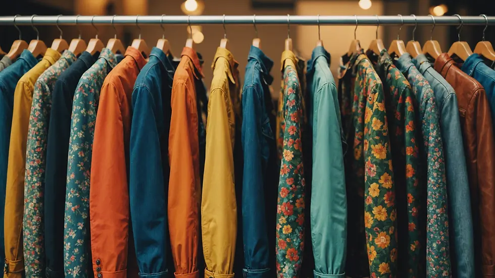 Eye-level view of clothing stand with a vintage colorful jacket