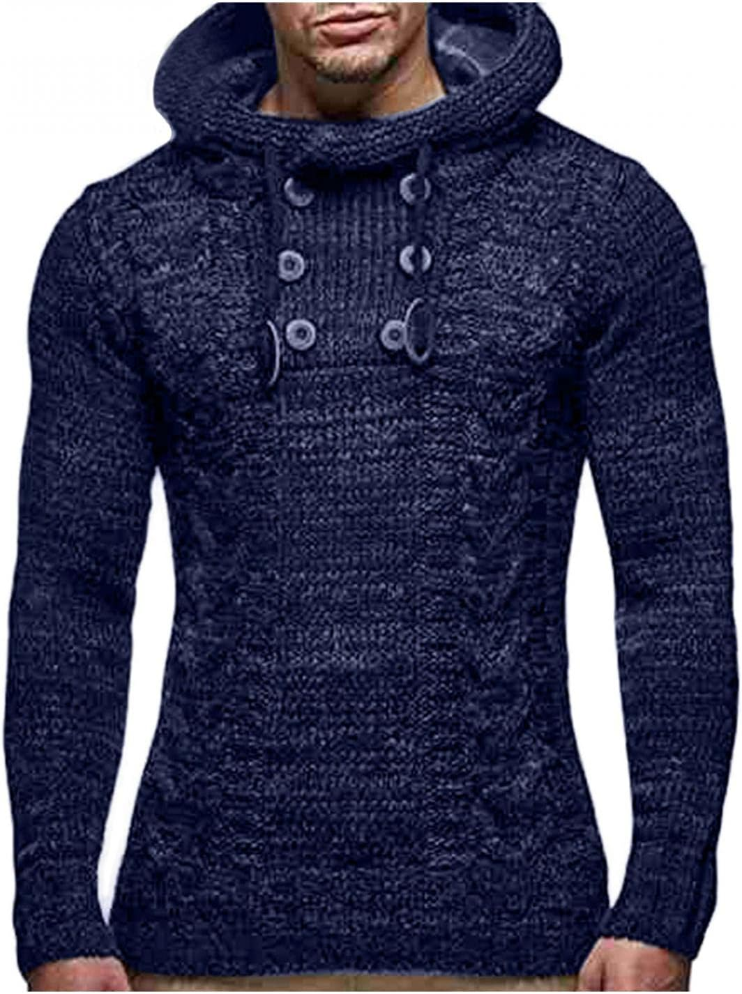 Mens Knitted Hoodies Pullover Casual Long Sleeve Turtleneck Hipster Gym Drawstri