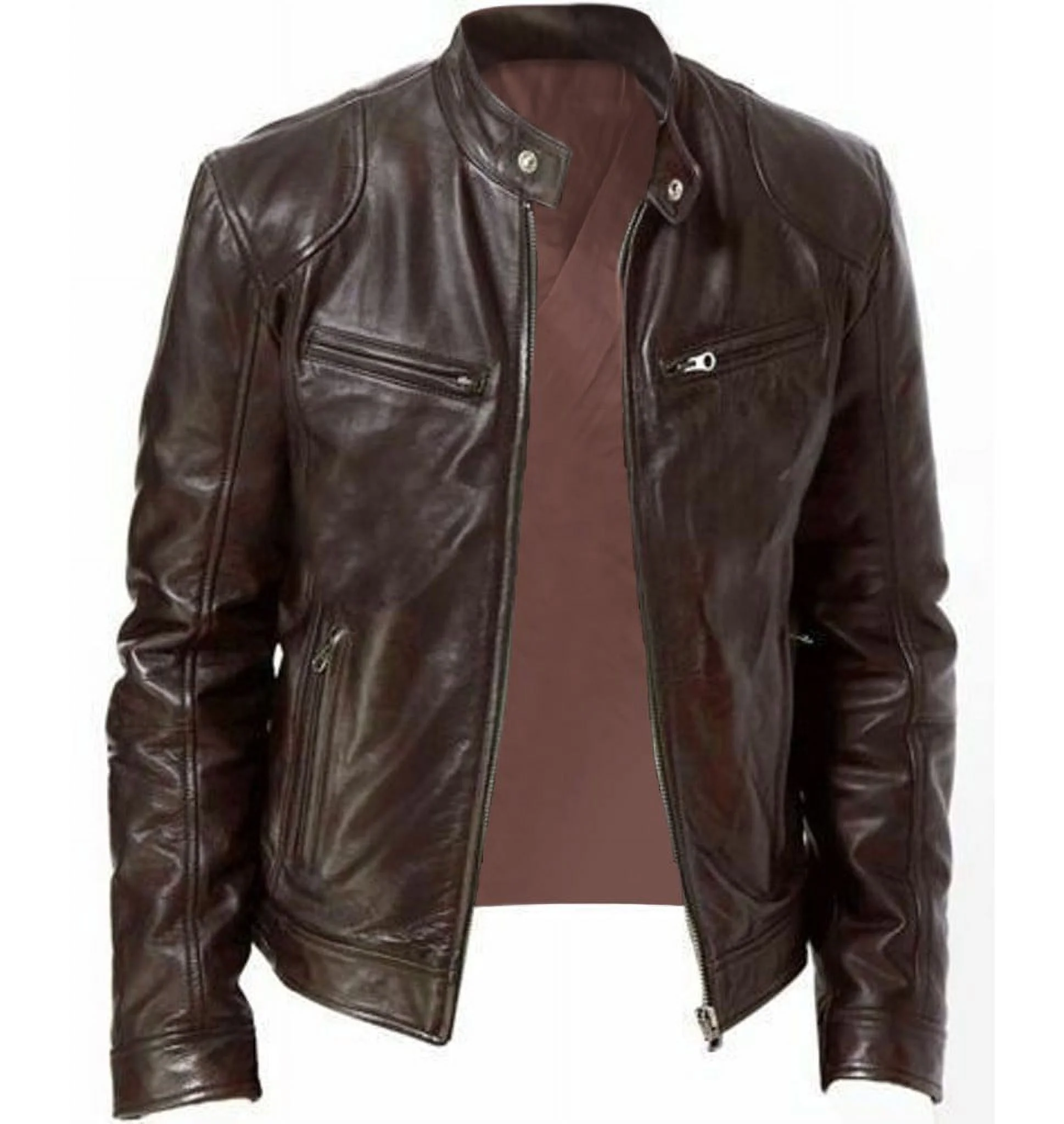 Men'S Leather Men Vintage Cool Jacket Leather Long Sleeve Autumn Winter Stand Co