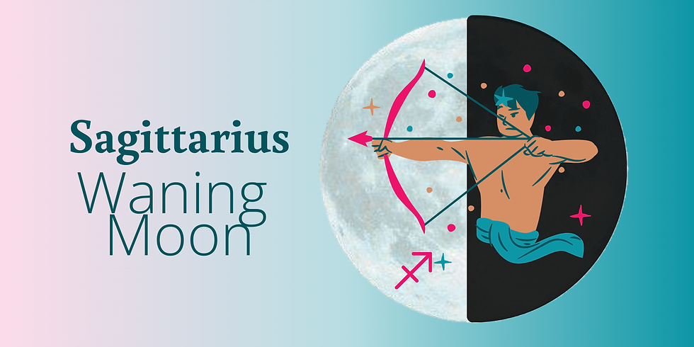 Sagittarius archer against moon backdrop, aiming arrow. Text: "Sagittarius Waning Moon." Turquoise and pink tones, cosmic vibe.