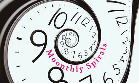 Spiraling clock face with bold black numbers. Pink text reads "The YesSpiral Method" and "Moonthly spirals for intentional growth." lunar aligned personal growth