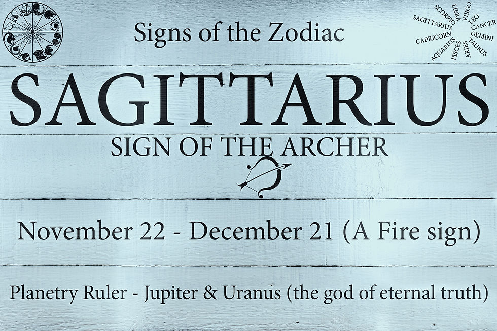 Sagittarius zodiac sign details on wood texture. Includes dates, planet rulers Jupiter & Uranus, and title "Sign of the Archer" with arrow symbol. yesspiral.com
