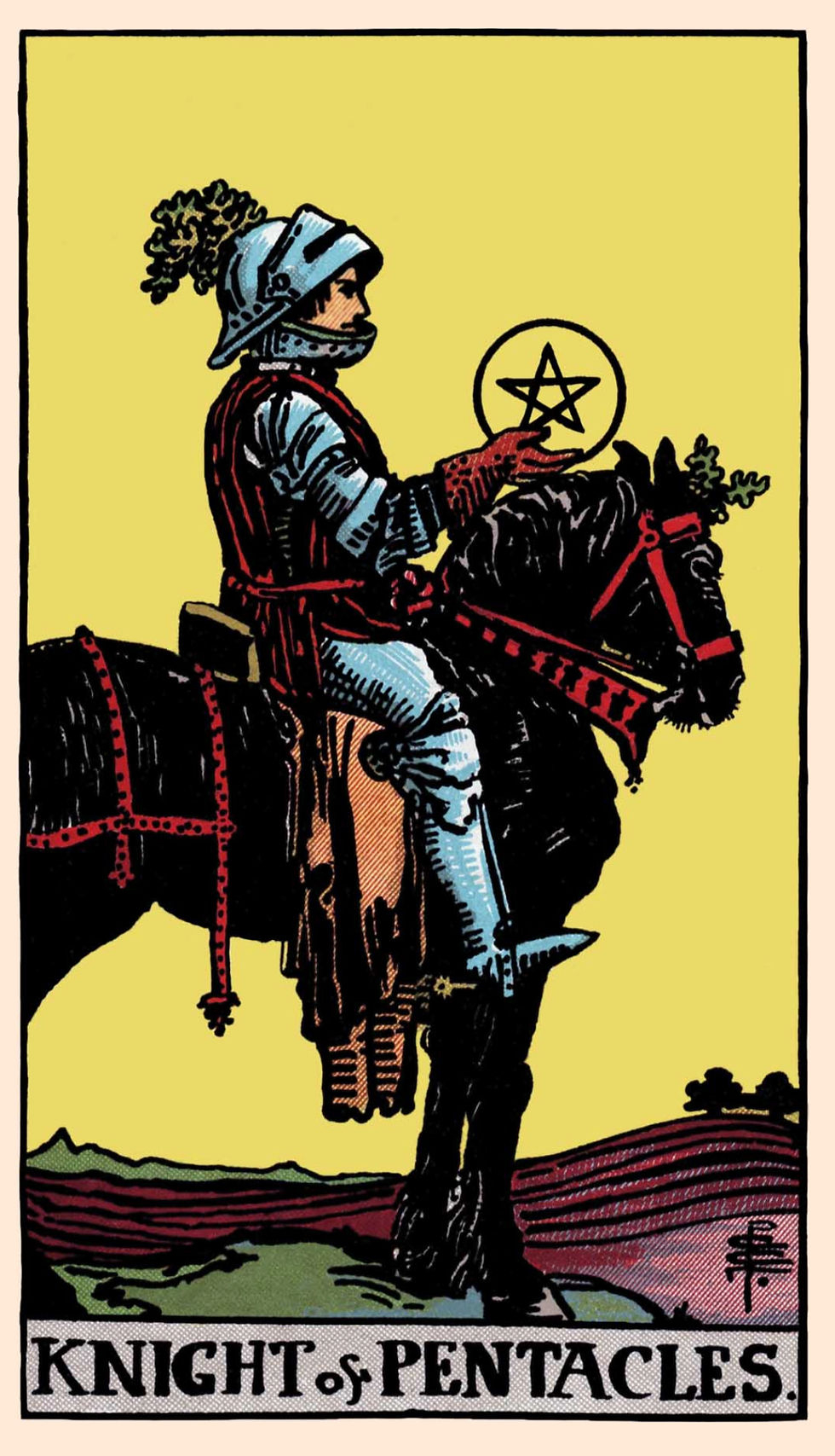 Knight in armor on a black horse holds a pentacle against a yellow background. Text at the bottom reads "KNIGHT of PENTACLES."