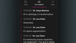 Live Caption panel in MarketScale Studio showing real-time, speaker-labeled captions with timestamps during a recording.