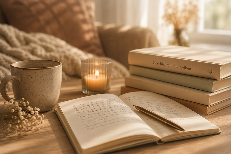 Warme gemütliche Atmosphäre mit Büchern, Kerzenlicht und offenem Notizbuch.