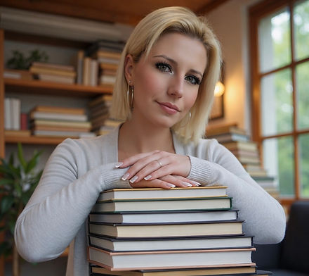 Autorin Monique Hendrich mit Büchern in gemütlicher Atmosphäre für emotionale Geschichten und ehrliche Themen