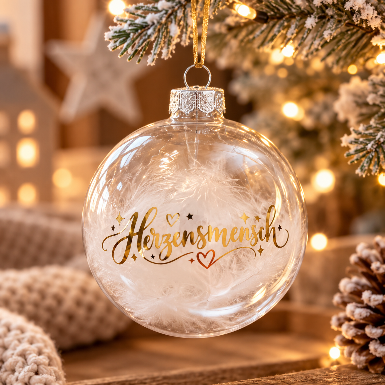 Weihnachtskugel „Herzensmensch“ – mit weißen Federn & goldener Schrift