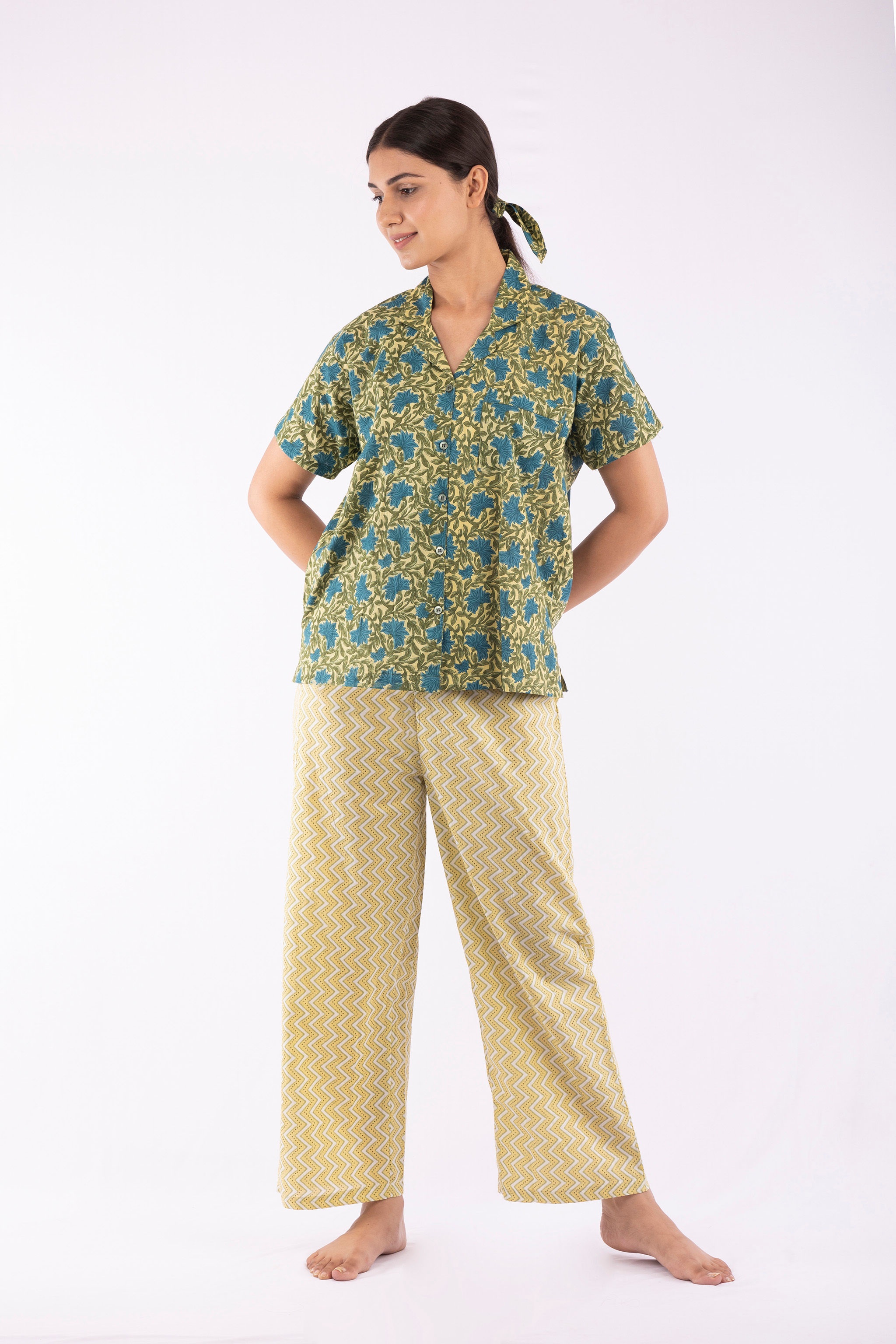 Green Lotus Print Shirt & Chevron Print Pajama Set