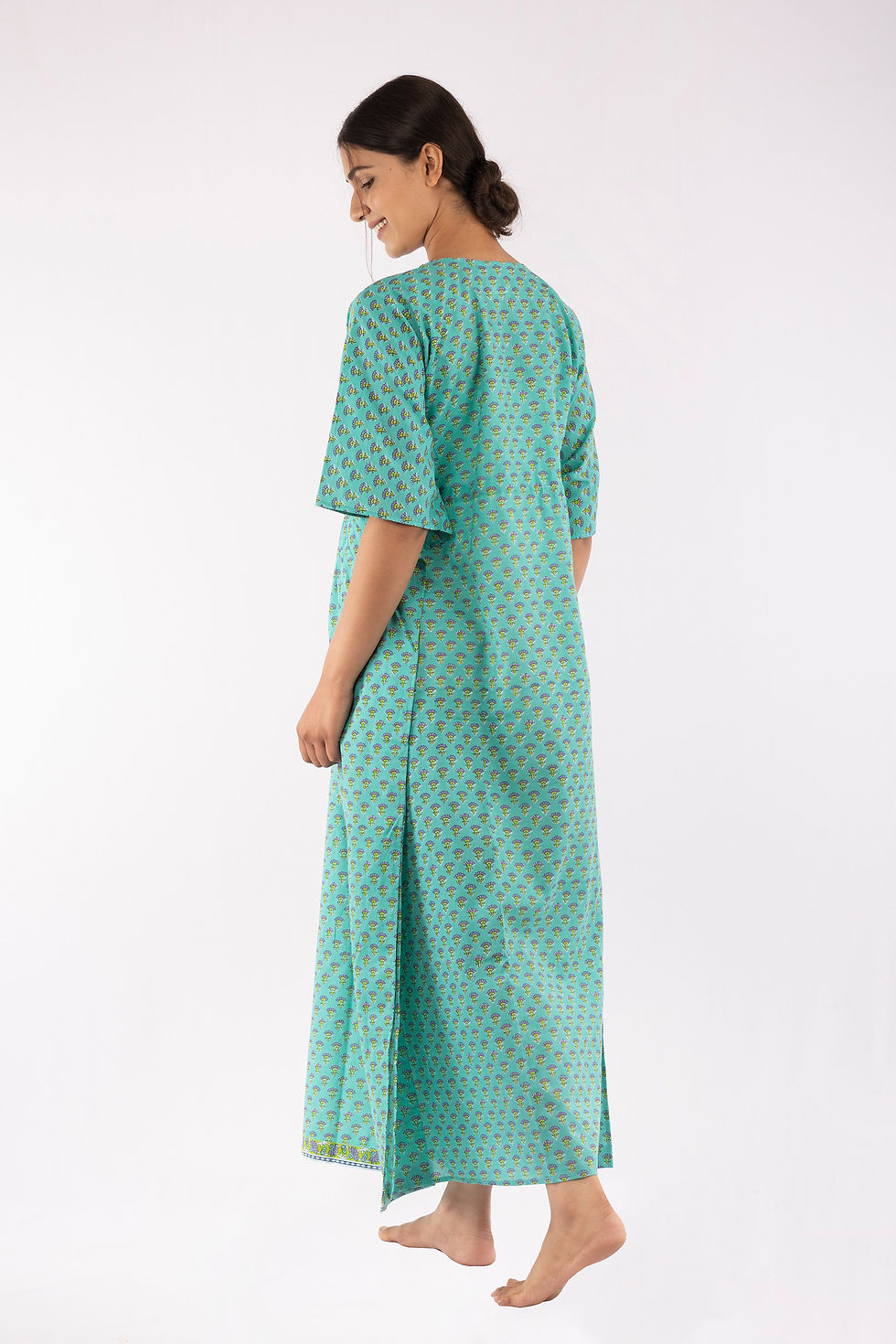 Thumbnail: Aqua Small Lotus Print Kaftan