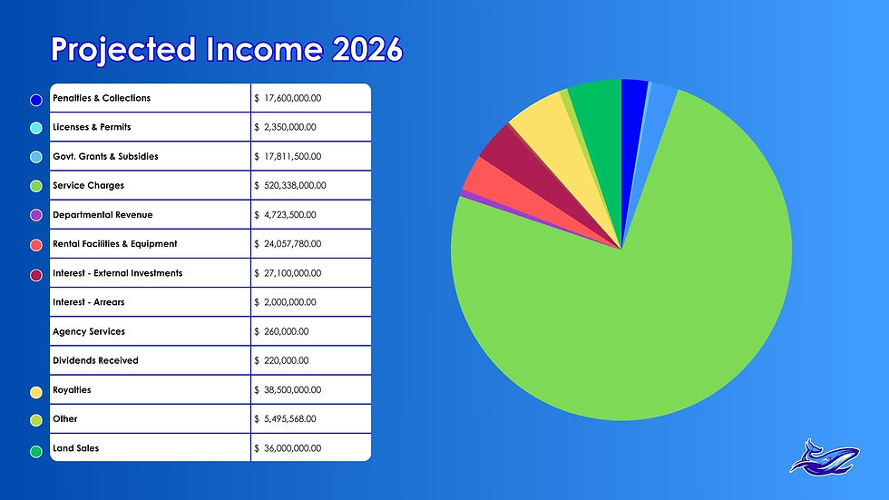 Pie chart of 2026 projected income on blue background with listed categories and amounts. Most income is green, labeled as Service Charges.