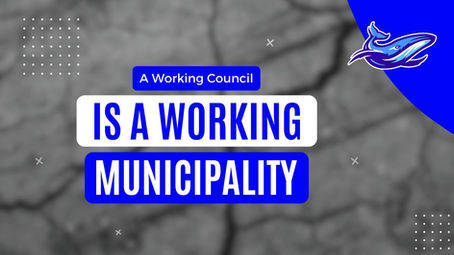 A blurred picture of a cracked road forms the background for blue and white text on blue and white rectangles with rounded corners, reading "A Working Council is a Working Municipality". There is a logo of a whale in the top right.