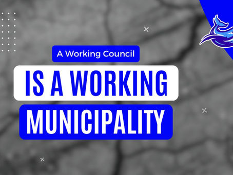 A blurred picture of a cracked road forms the background for blue and white text on blue and white rectangles with rounded corners, reading "A Working Council is a Working Municipality". There is a logo of a whale in the top right.