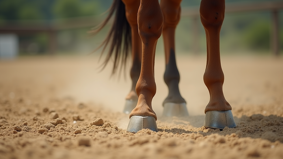 close-up view of horse hooves on sandy riding arena ground