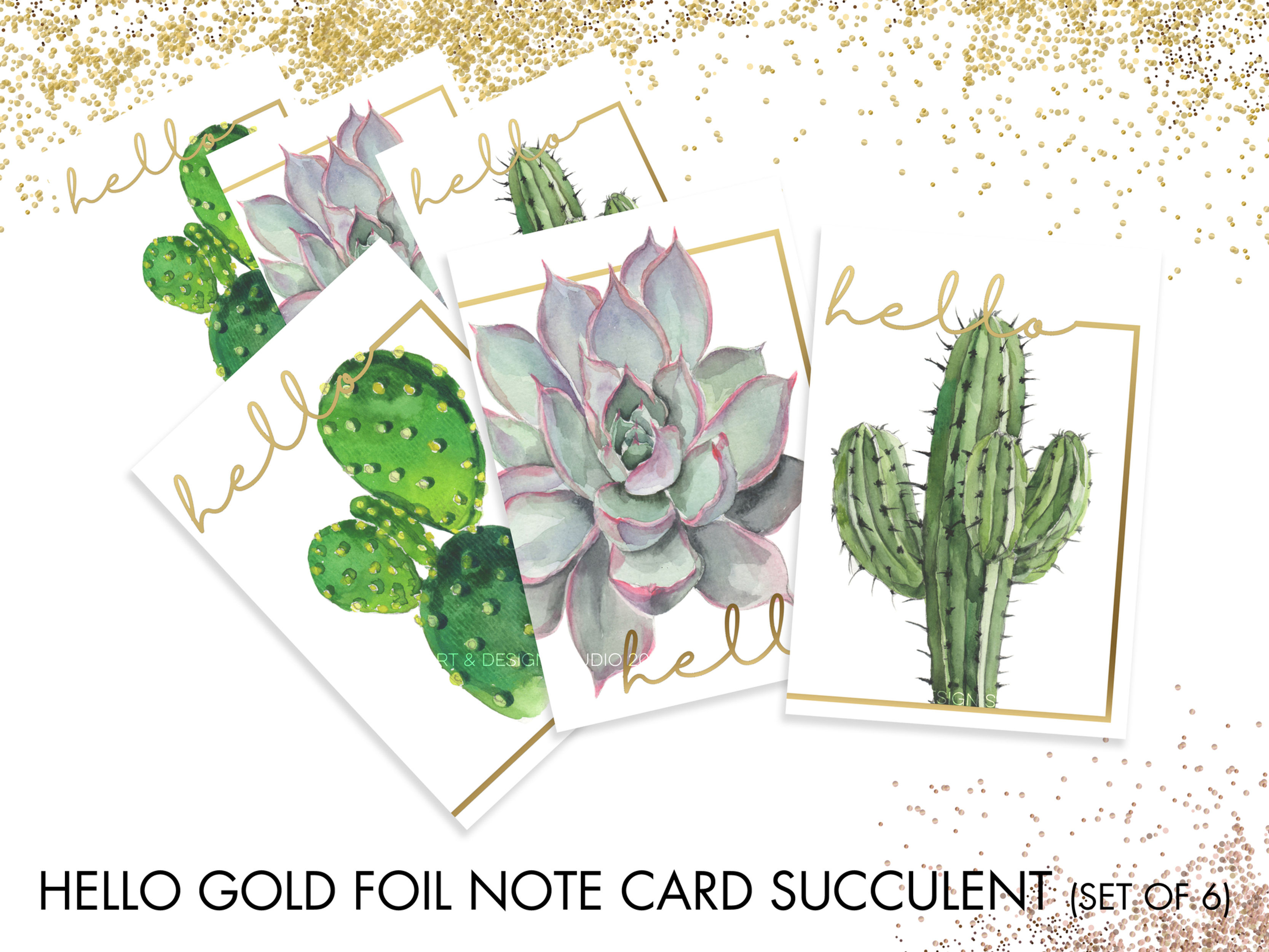 Hello-Succulent Watercolor with gold foil letter