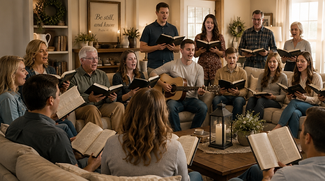 People gathered in a home singing songs of worship.