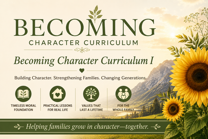 Becoming Character Curriculum I cover featuring sunflowers and mountains, with the message ‘Building Character. Strengthening Families. Changing Generations.
