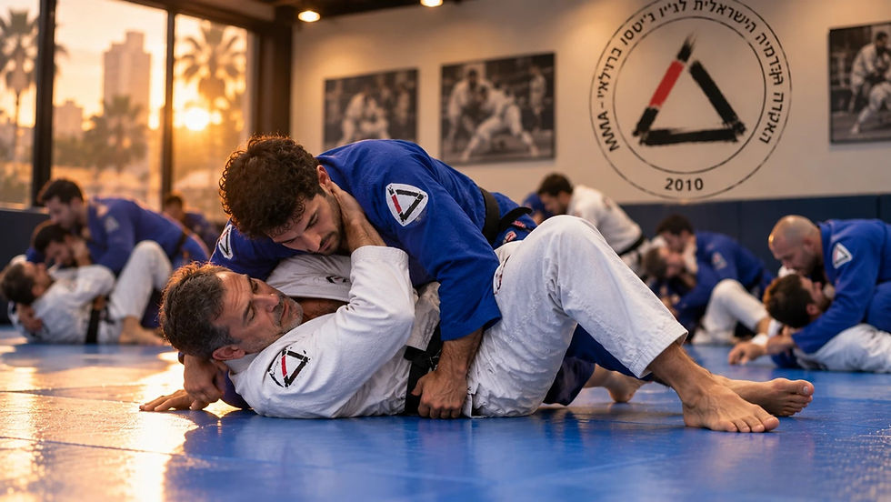A student in his 40s drills a side control escape at the jiu jitsu academy in Tel Aviv