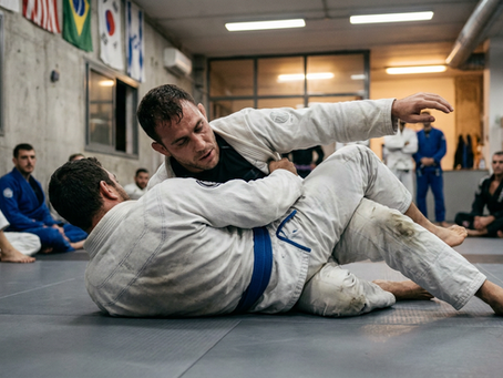 Brazilian Jiu Jitsu sparring: a reckless submission attempt from inside the guard, a second before losing the position