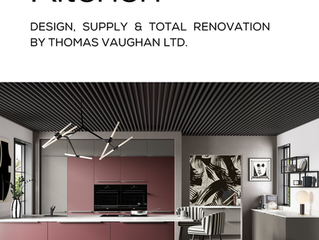 Front cover of The Art of the Kitchen brochure by Thomas Vaughan Ltd featuring a modern dusty plum kitchen island, taupe cabinets, and slatted ceiling.