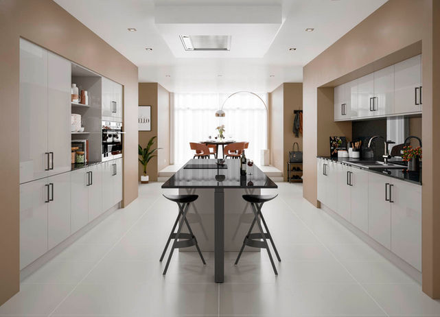 A symmetrical, handleless galley kitchen featuring a central social island and integrated ceiling extraction.