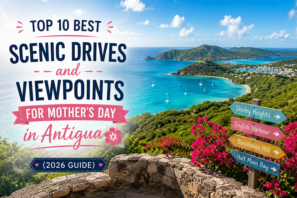 A spectacular, elevated viewpoint overlooking the lush green hills and bright turquoise waters of Antigua.