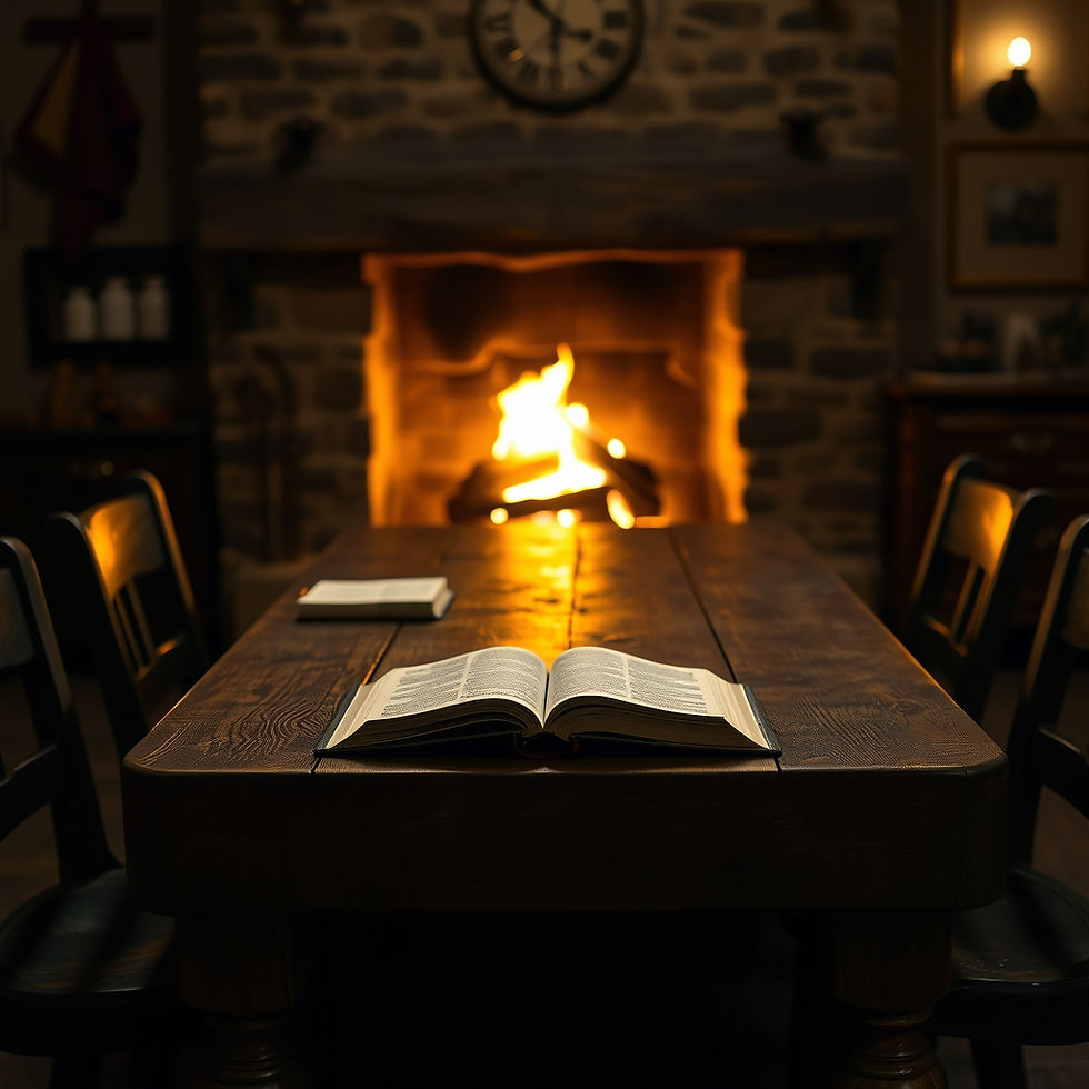 A deeply inviting, low-light photograph capturing an empty rustic wooden refectory table p