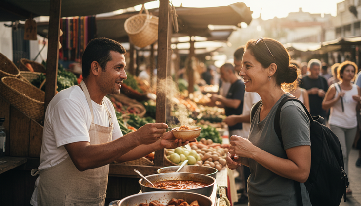 Eye-level view of a food stall cook offering a small sample dish to a passerby