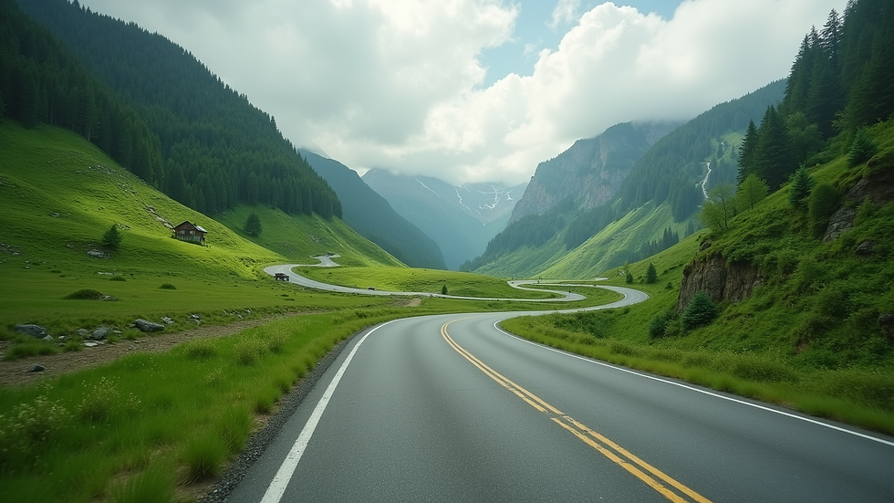 Wide angle view of a winding road through a lush green landscape