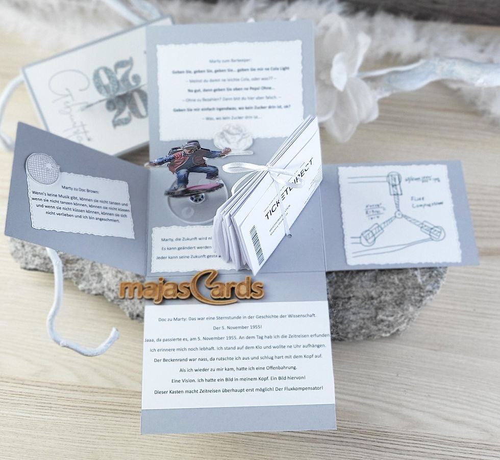 Geschenkbox für Eintrittskarten für Zurück in die Zukunft geöffnet
