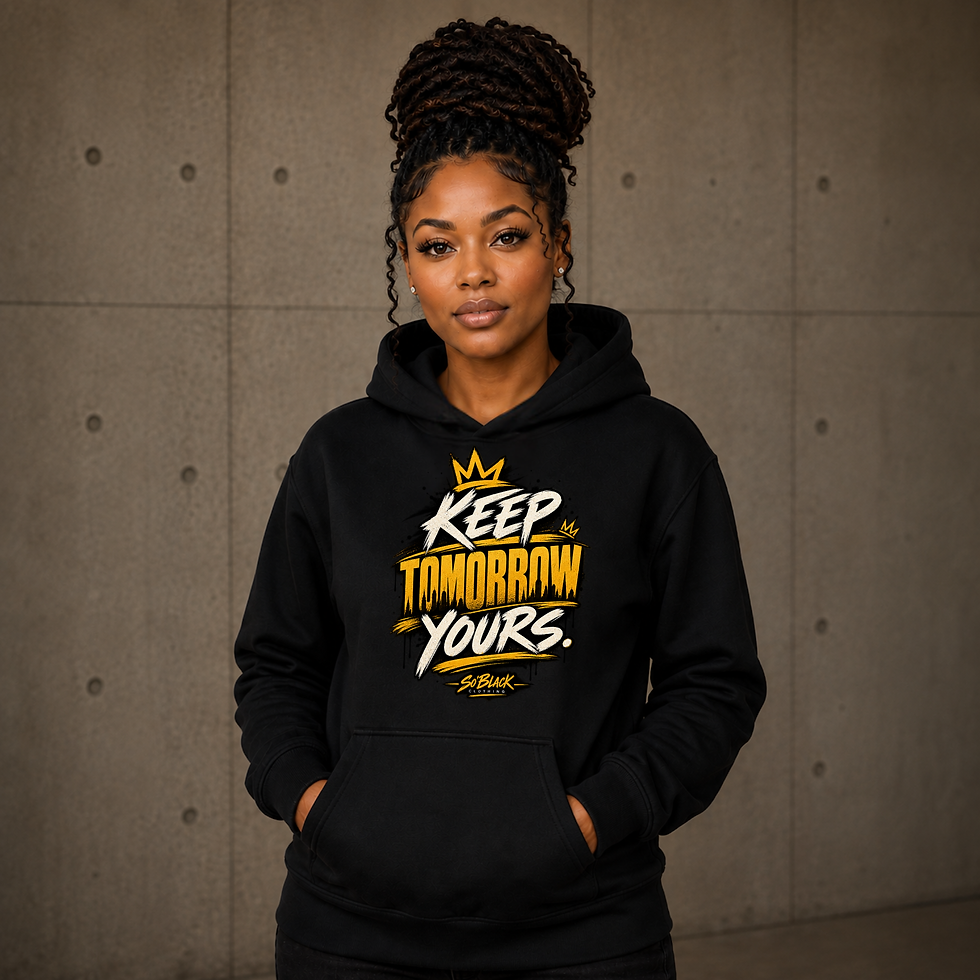 Black Keep Tomorrow Yours hoodie with bold gold and cream streetwear typography.