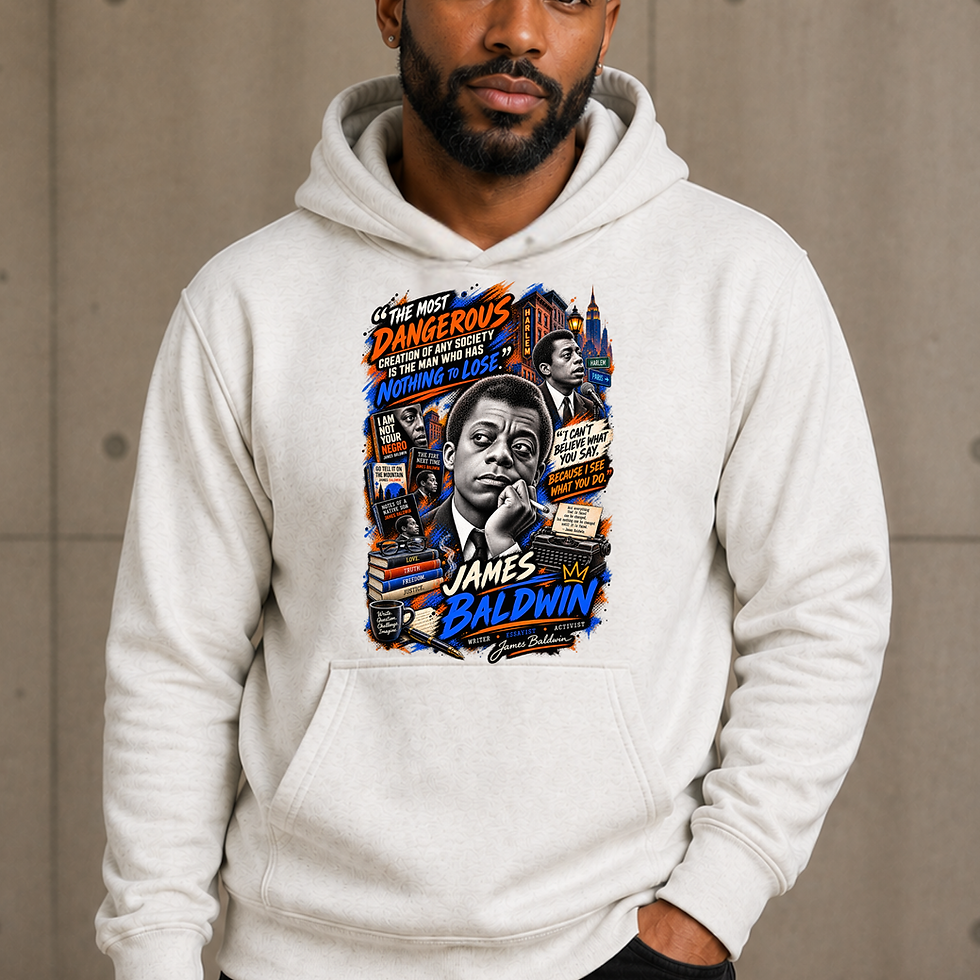 James Baldwin Streetwear oatmeal heather hoodie with Black history graphic