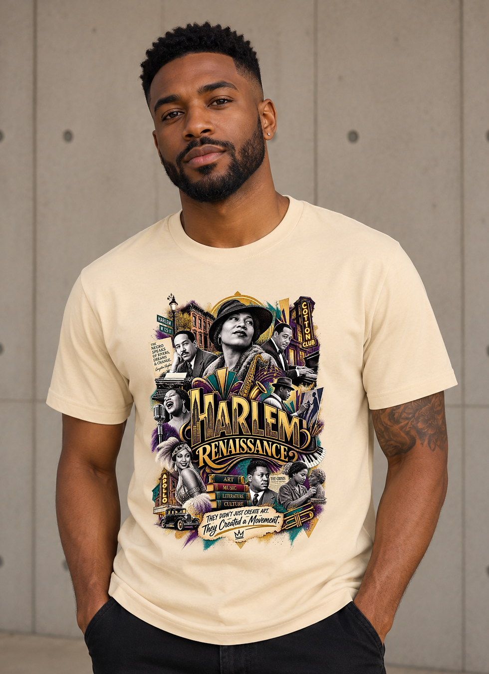 Harlem Renaissance Black History T-shirt in Soft Cream featuring a collage celebrating Black art, music, literature, and culture.