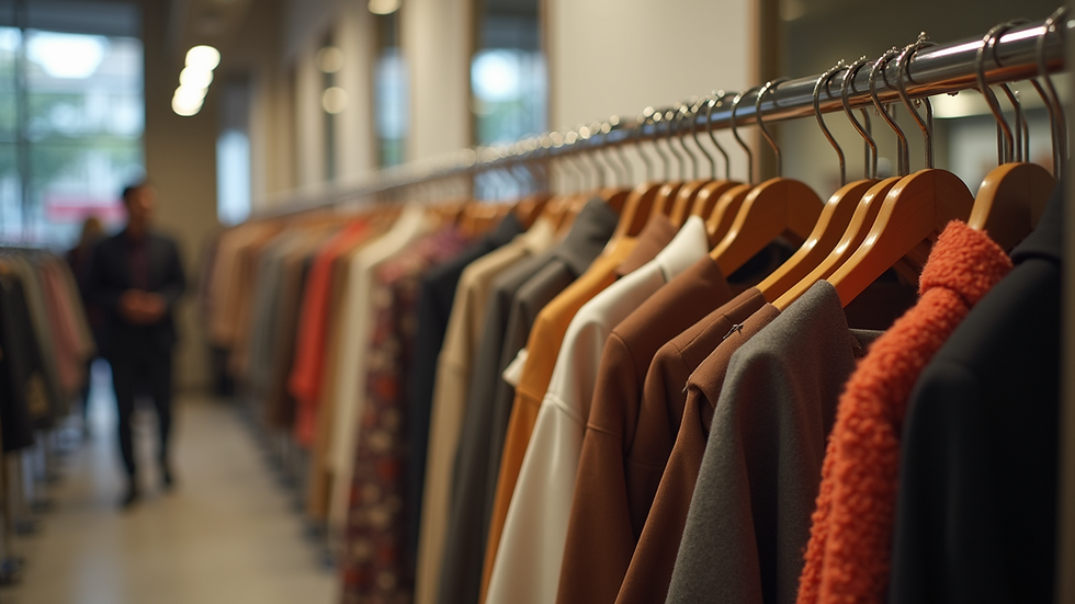 Eye-level view of a clothing rack featuring a variety of stylish outfits