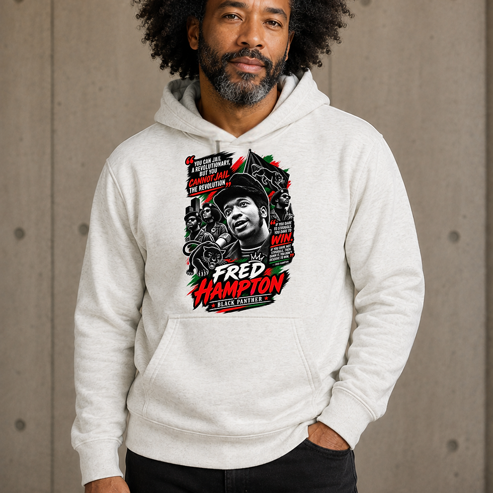 Fred Hampton Black History hoodie in Oatmeal Heather featuring a bold portrait collage with Black Panther imagery, historical