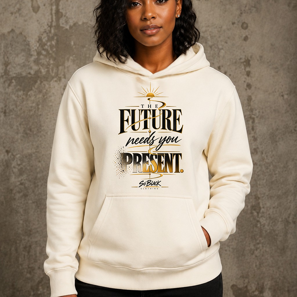 The Future Needs You Present Classic hoodie in Tofu with black and gold sunrise design