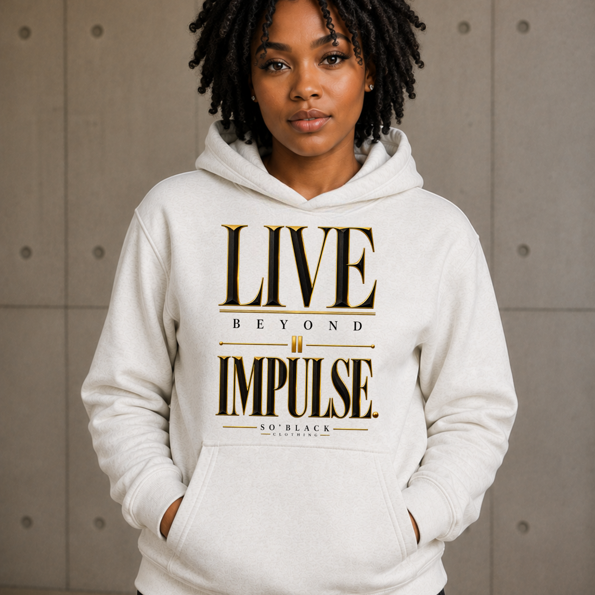 Oatmeal Heather Live Beyond Impulse hoodie with elegant black and gold typography.